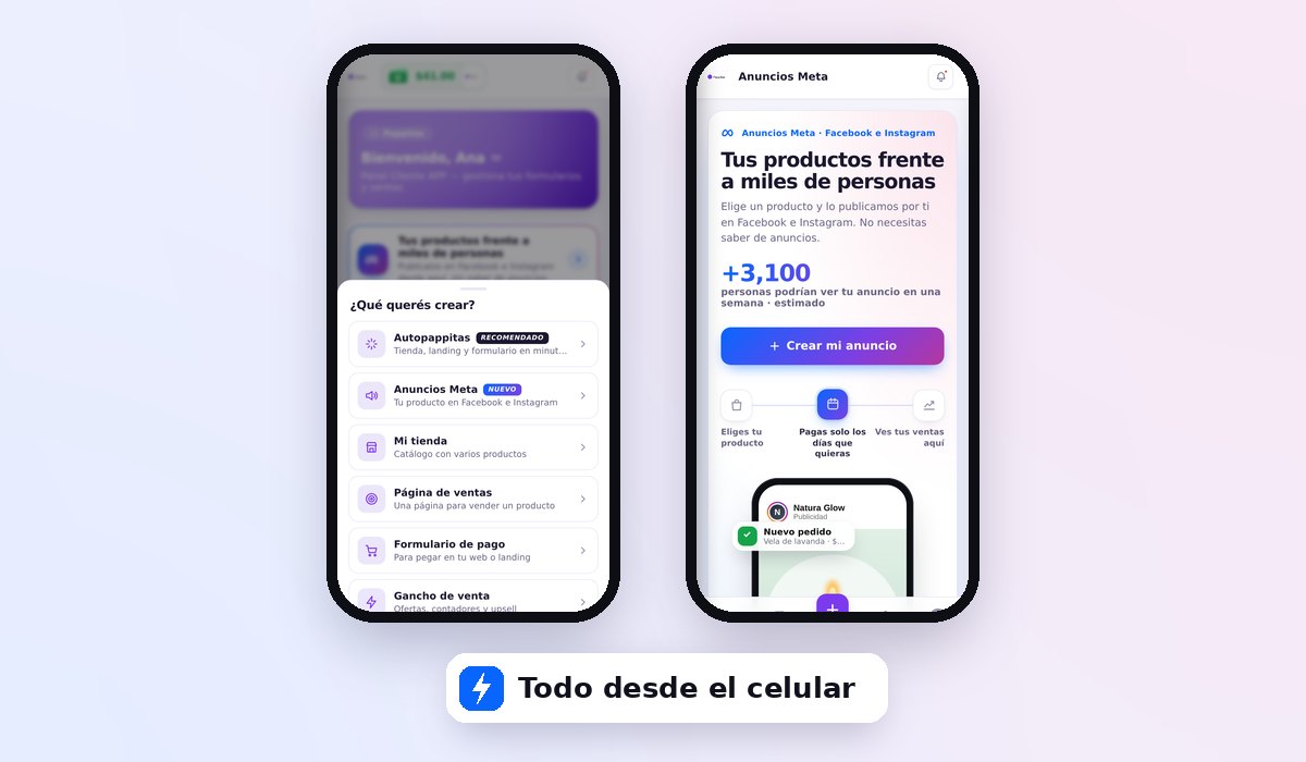 Menú Crear de Pappitas en el celular con la opción Anuncios Meta