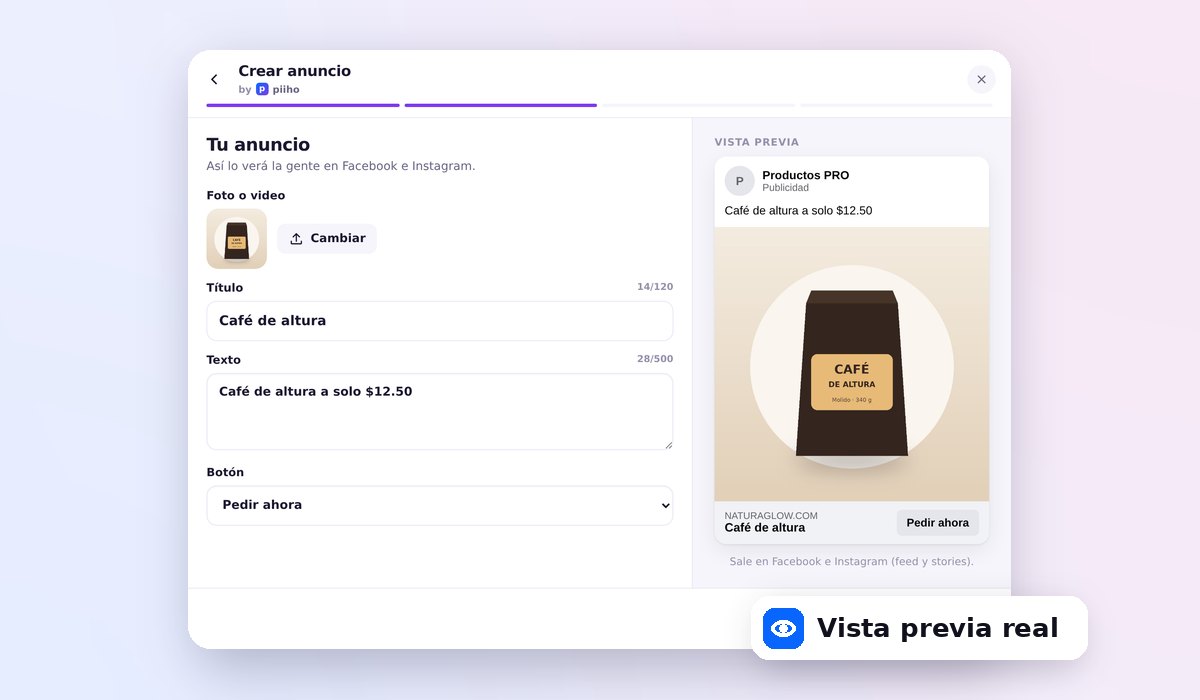 Paso 2: editar el título, el texto y el botón del anuncio con vista previa de Facebook e Instagram