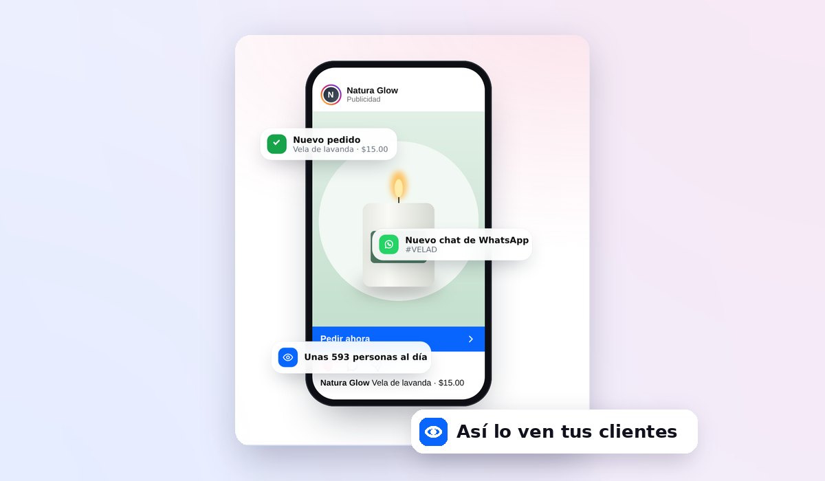 Vista previa de un anuncio en Instagram con avisos de nuevo pedido y nuevo chat