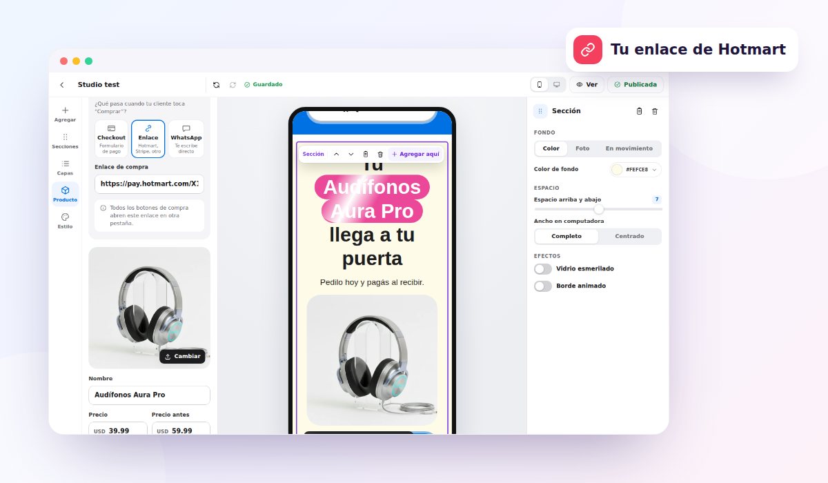 Botón de compra con enlace externo: pegas tu enlace de Hotmart una sola vez