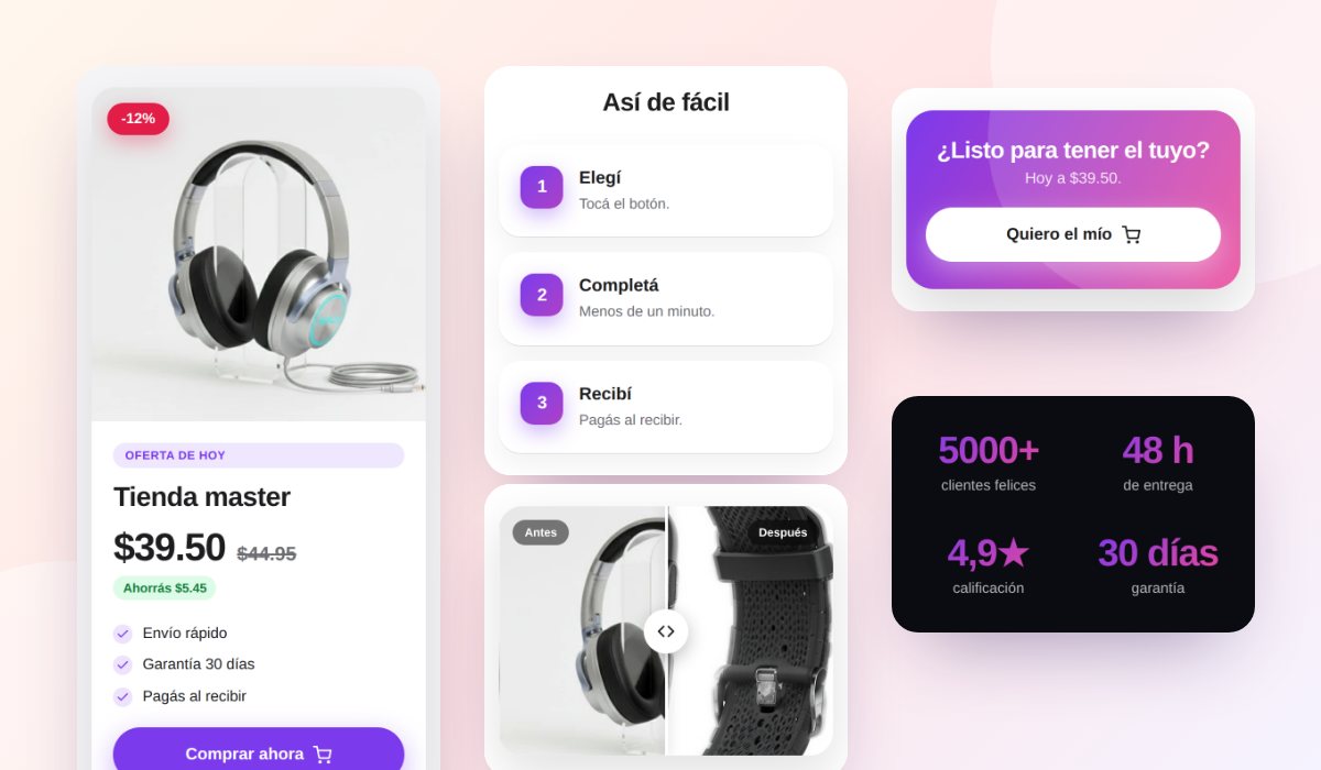 Bloques modernos: oferta, pasos, comparación, números, antes y después y banner final