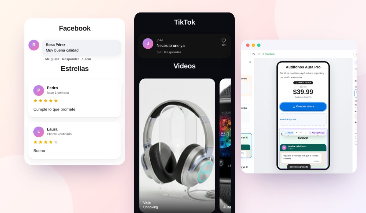 Opiniones en formato de comentario, estrellas, TikTok y video, editables desde el Studio